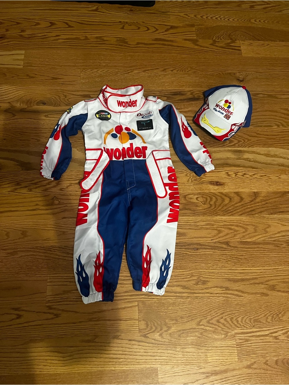Kids Racing One-Piece Jumpsuit with Cap - Blue/White/Red